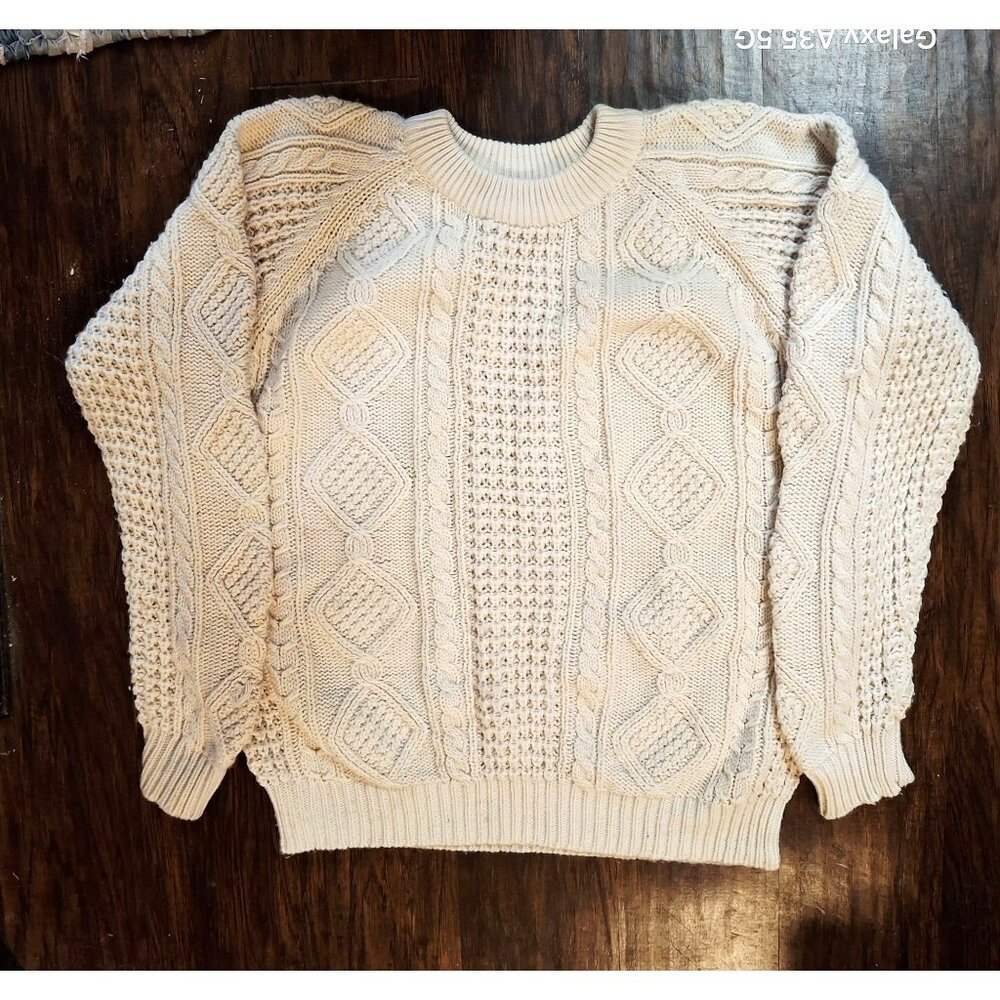 Patrician Cream Cable Knit Fisherman Sweater 100% Acrylic Unisex Cream Neck